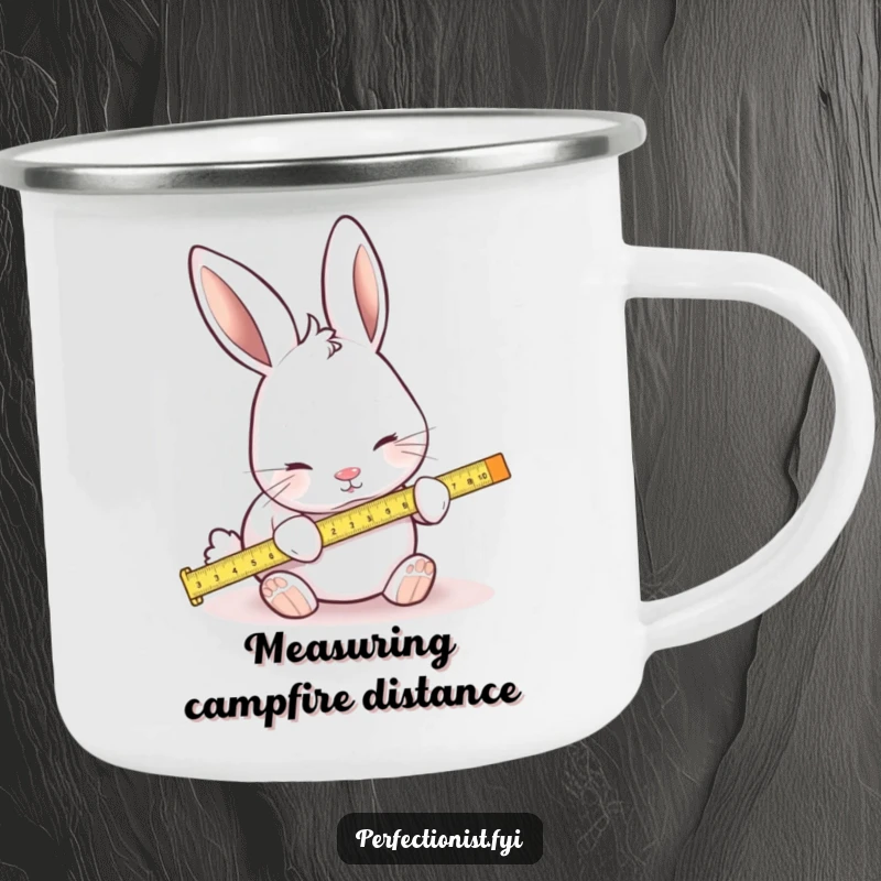 Funny camping mug with a focused rabbit using a tiny ruler to measure, perfect for outdoor enthusiasts who appreciate precision and humor.