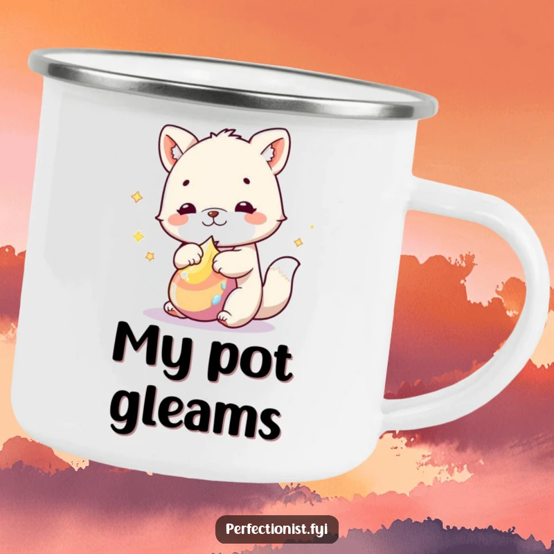 Funny Camping Mug: An animal character polishes an item to a brilliant shine, bringing meticulous humor to outdoor activities.