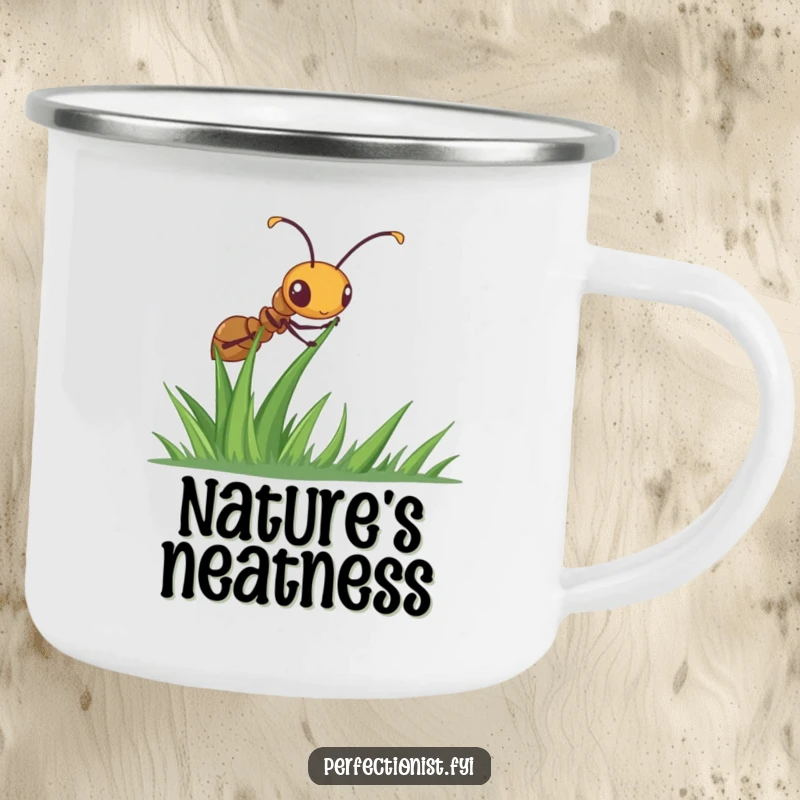 Funny ant camping mug with a diligent ant meticulously straightening a blade of grass, perfect for enjoying nature with a focus on detail.