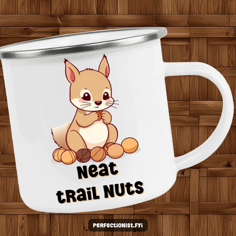 Funny Camping Mug: Precise squirrel character arranging nuts in a perfect line, perfect for outdoor trips with a touch of organized humor.