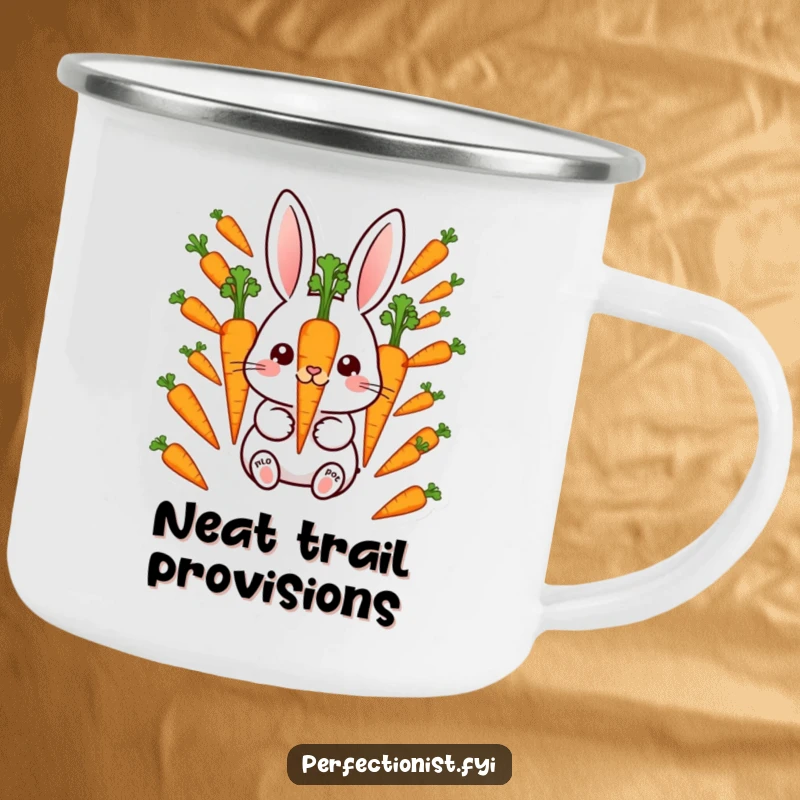 Funny Camping Mug: Meticulous rabbit character aligning perfectly spaced carrots, perfect for outdoor trips with a touch of precise humor.