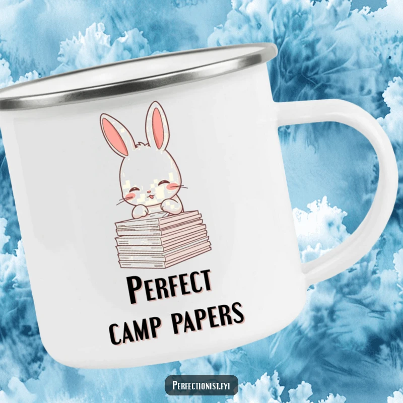 Funny Rabbit Camping Mug: A meticulous rabbit character is straightening a stack of papers, a humorous touch for outdoor adventures and coffee lovers.