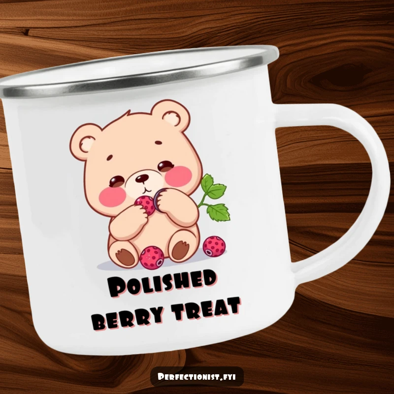 Funny Camping Mug: Focused bear character polishing a single berry to a shine, perfect for outdoor trips with a touch of meticulous humor.
