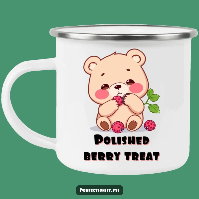 Funny Bear Berry Camping Mug: Enjoy the outdoors with a focused bear and its shiny berry, a perfect funny gift.