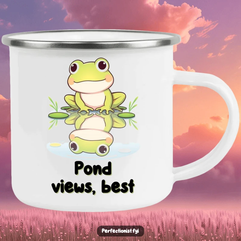 Funny camping mug with a frog character polishing its reflection in a pond, symbolizing vanity on outdoor adventures, a humorous addition.