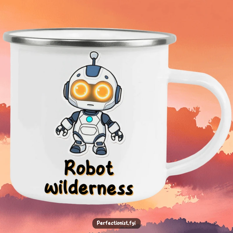 Funny Kawaii robot camping mug, a robot with glowing eyes cleaning, ready for any adventure.