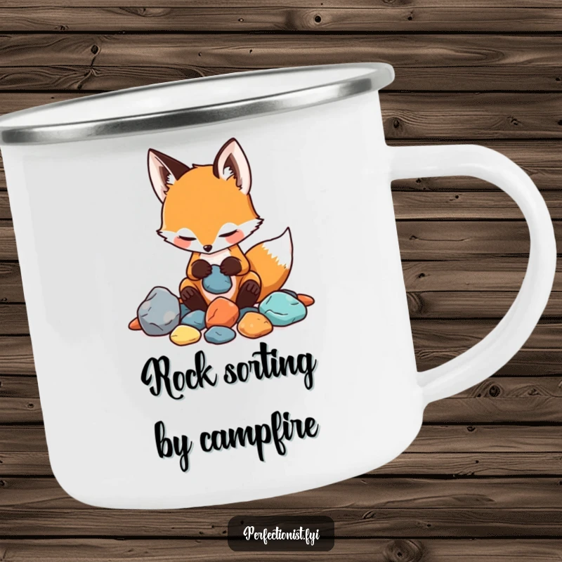 Funny camping mug with a playful fox sorting rocks by color and texture, perfect for outdoor enthusiasts who appreciate humor.