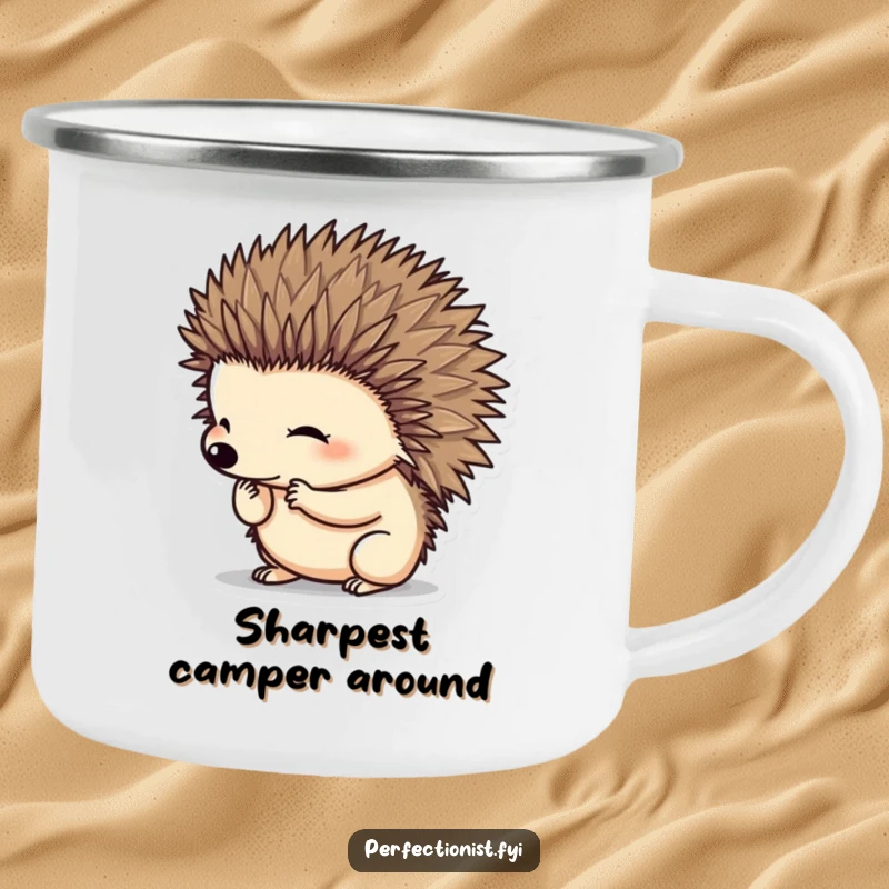 Funny hedgehog character precisely grooming its spines on a camping mug, celebrating neat outdoor fun with a humorous touch, a funny gift.