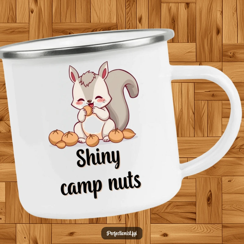 Funny camping mug with a cheerful squirrel polishing nuts, perfect for outdoor enthusiasts who appreciate humor and shine.