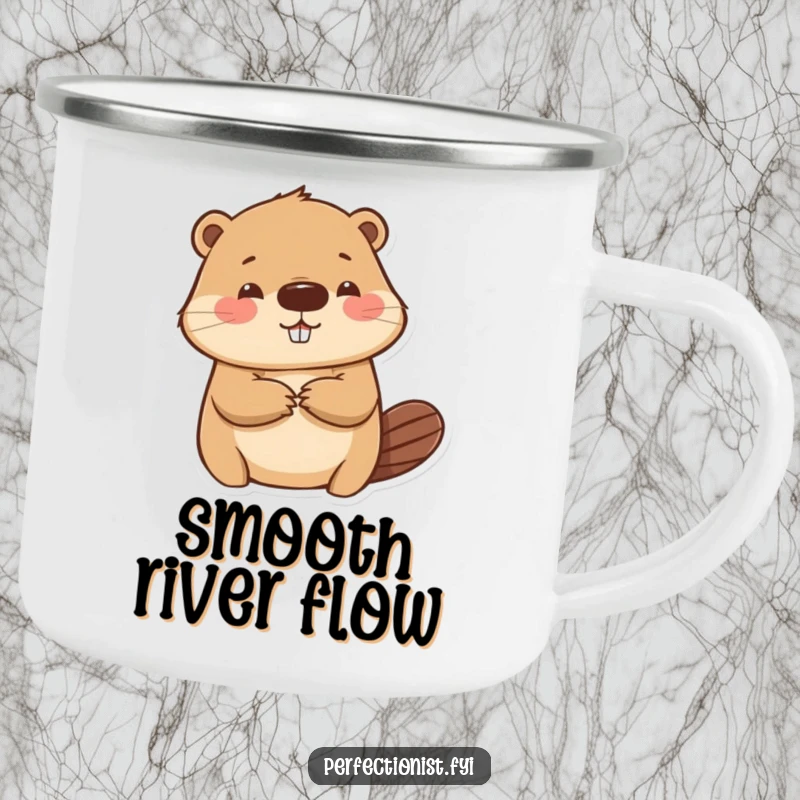 Funny beaver camping mug showing a character meticulously smoothing a paper wrinkle, ideal for outdoor enthusiasts who appreciate humor and detail.