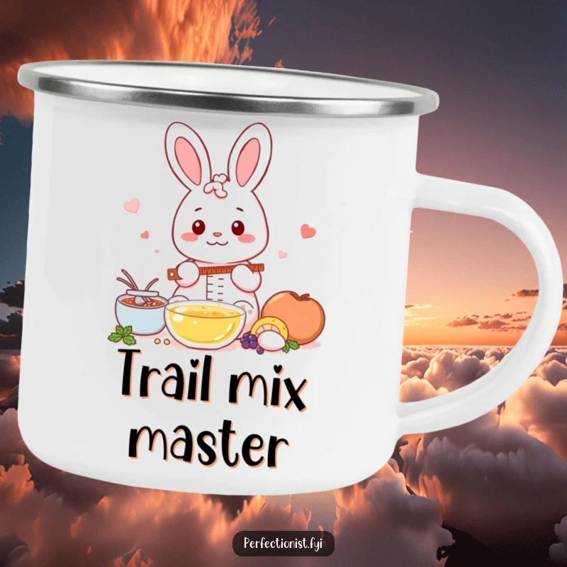 Funny Kawaii rabbit camping mug, a rabbit meticulously measuring ingredients, ready for outdoor precision.