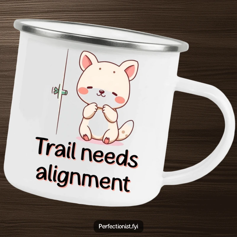 Funny Camping Mug featuring an animal character meticulously straightening tent poles or gear for perfect alignment.
