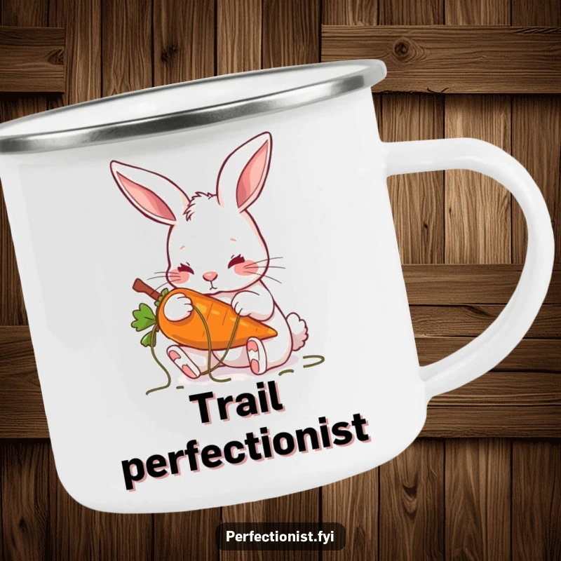 Funny camping mug showing a rabbit meticulously grooming a carrot, perfect for precise outdoor enjoyment.