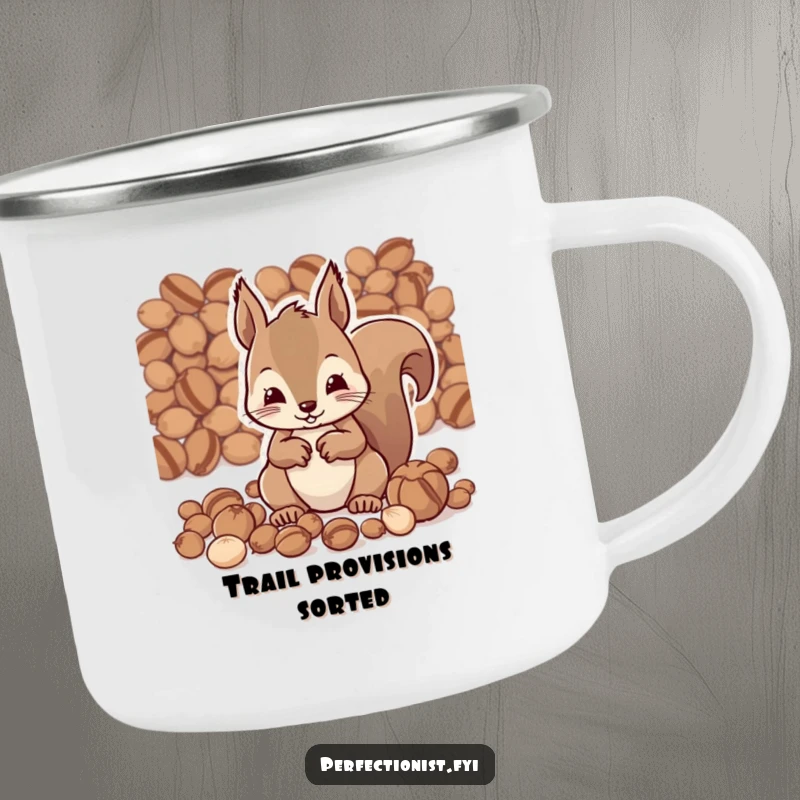 Funny camping mug showcasing a diligent squirrel character meticulously organizing nuts by size, perfect for outdoor enthusiasts who love a humorous touch.