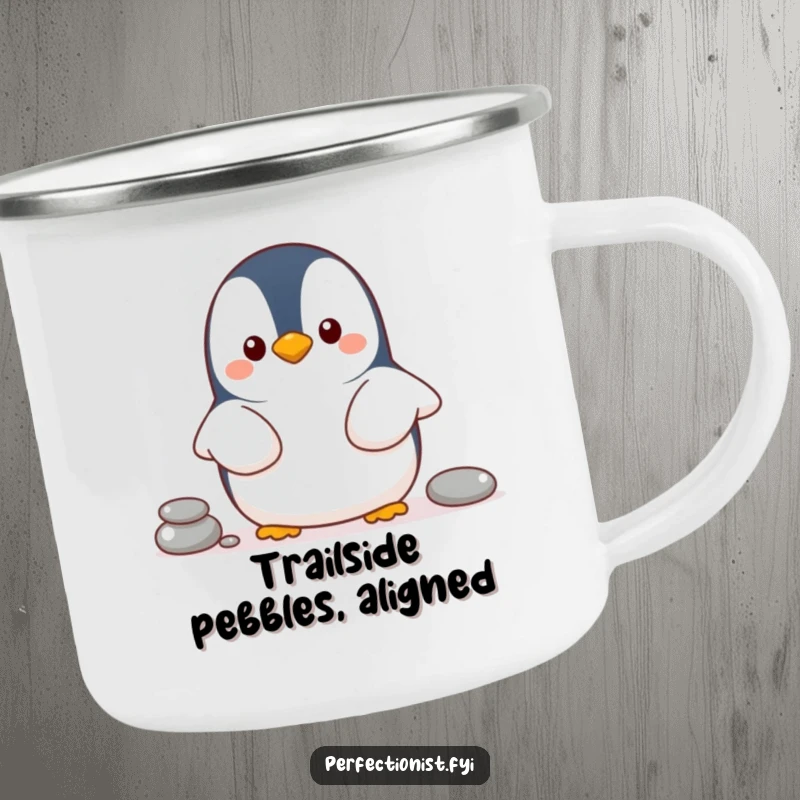 Funny penguin camping mug with a cheerful penguin character organizing pebbles in a line, a durable and humorous outdoor cup.
