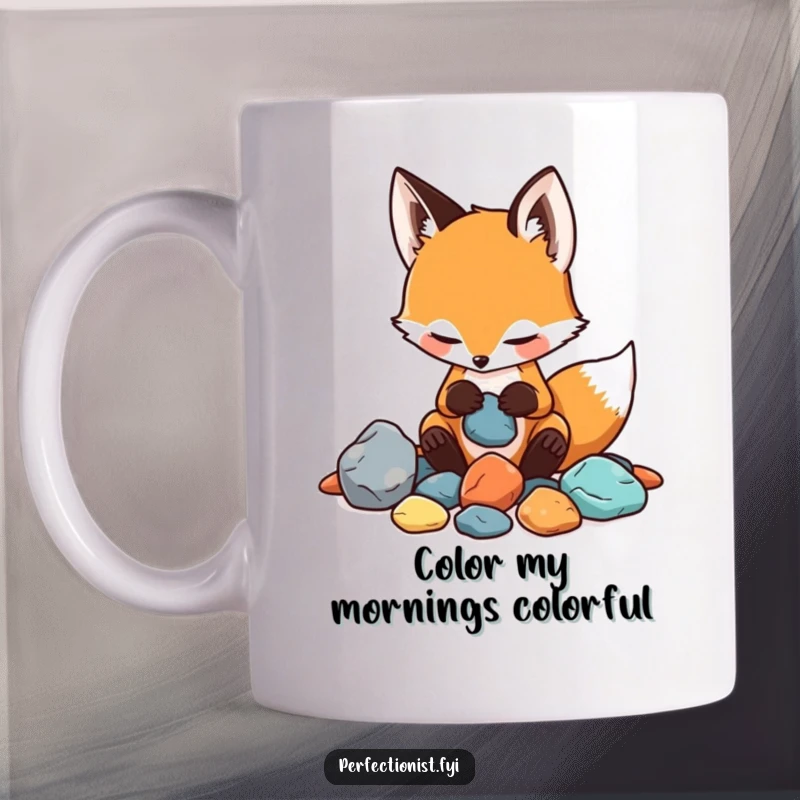 Funny mug featuring a playful fox carefully sorting rocks by color and texture, a humorous depiction of a dedicated collector.