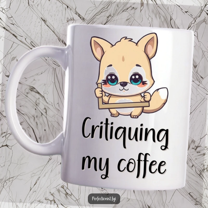 Funny Mug: An animal character scrutinizes a picture with a critical gaze, showcasing its discerning nature and humorous commentary.
