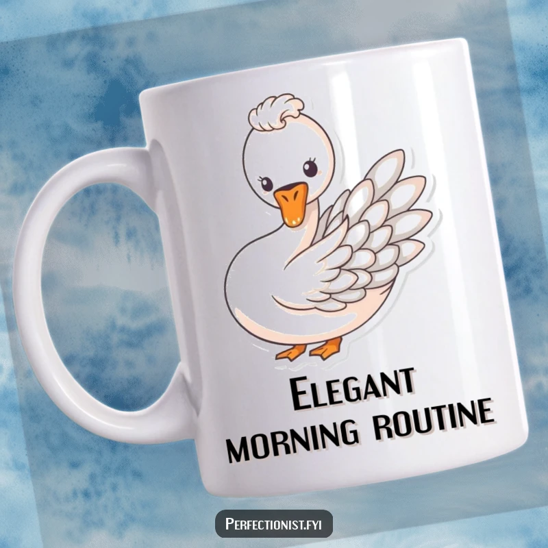 Funny mug with a swan carefully arranging its feathers into a perfect pattern, symbolizing grace and order.