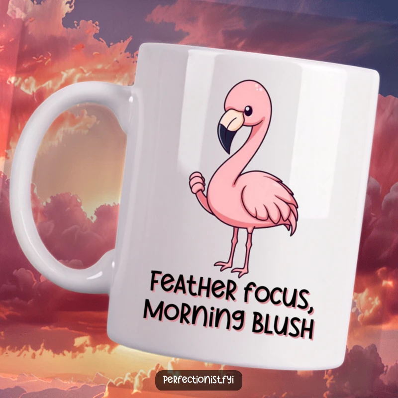 Funny flamingo mug featuring a blushing flamingo character intensely adjusting a single feather, perfect for perfectionists and gift-givers.