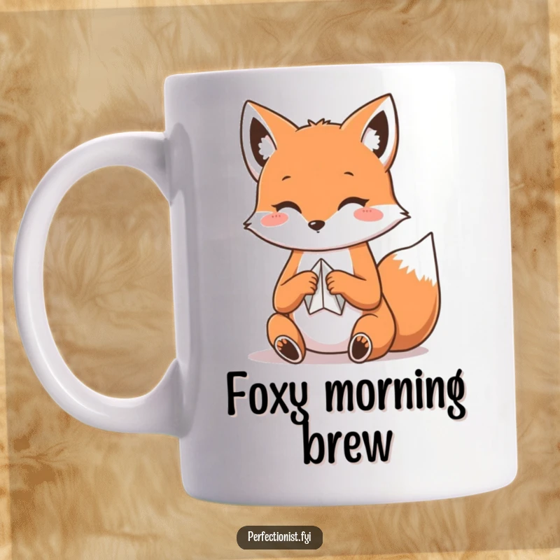 Funny Kawaii fox mug showing a cute fox character carefully folding a small piece of paper into an origami shape.