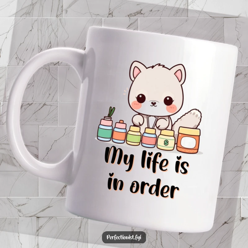 Funny Mug: An animal character meticulously aligns items in a perfect row, showcasing its organized and humorous personality for screen readers.