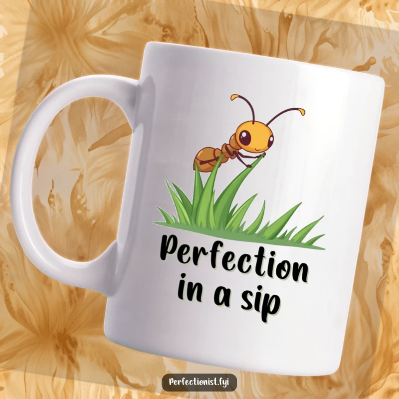 Funny ant mug showcasing a diligent ant carefully straightening a blade of grass with utmost focus and precision.