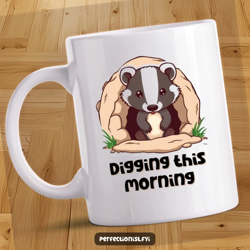 Funny badger character humorously ensuring its burrow entrance is flawless on a mug, showcasing its diligent and perfectionist nature for a funny gift.