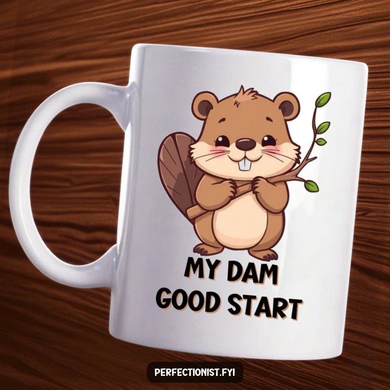 Funny mug featuring a determined beaver character intensely smoothing every single branch with a focused expression, showcasing its building prowess.
