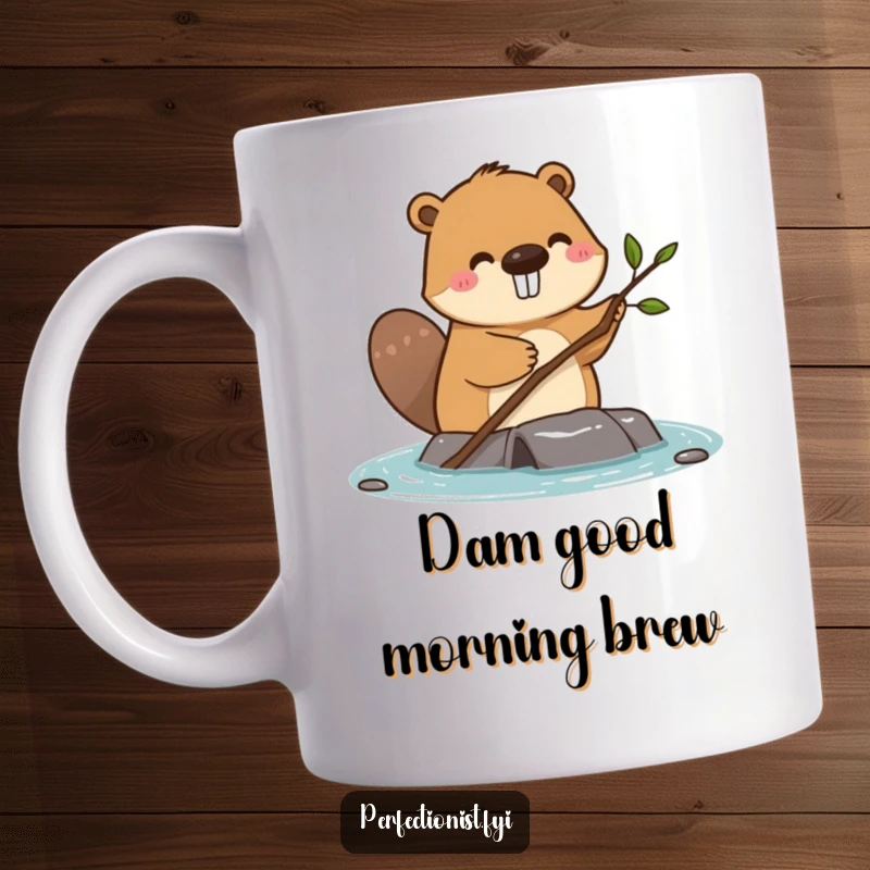 Funny happy beaver straightening a single small twig on a dam on a mug, perfect for builders and nature lovers.