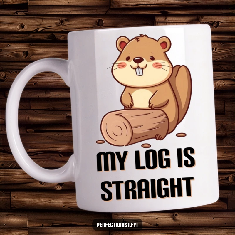Funny mug with a beaver meticulously smoothing a perfectly straight log, symbolizing hard work and precision.