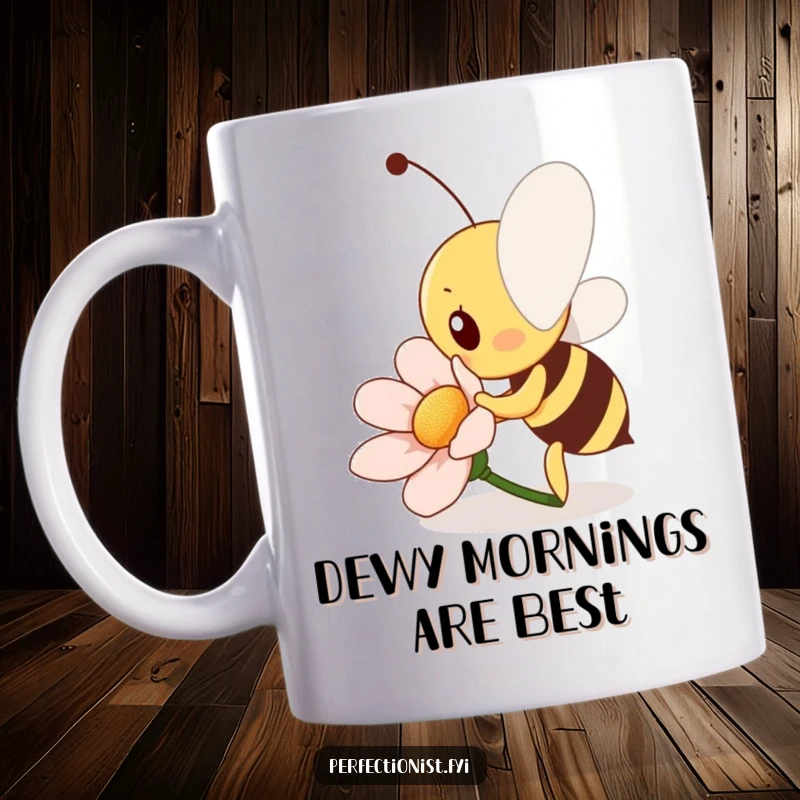 Funny Bee Mug: A diligent bee character is meticulously polishing a single flower petal until it shines brightly, showcasing dedication.
