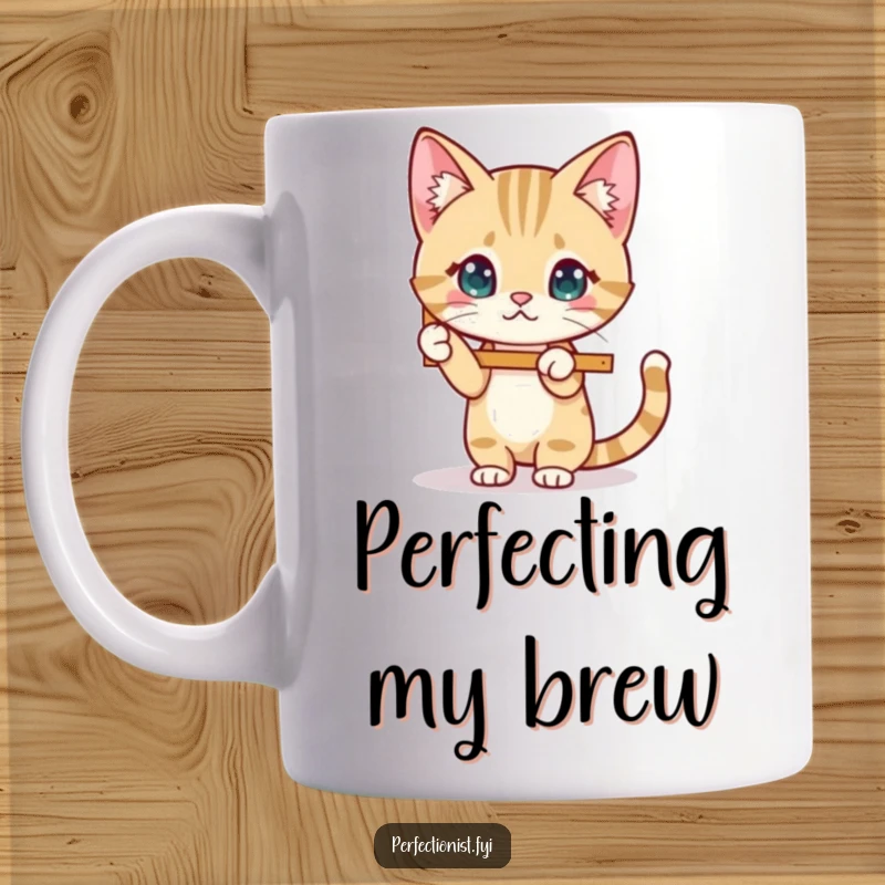 Funny Cat Mug featuring a cat character carefully straightening a wobbly picture frame with intense focus.