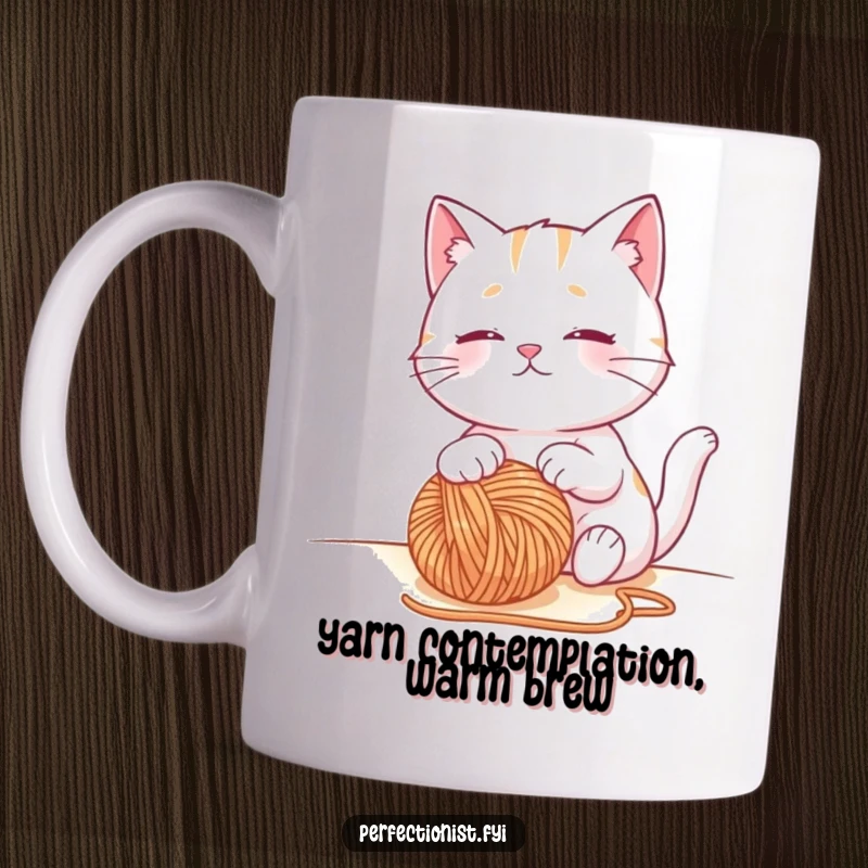 Funny cat mug featuring a contented cat character observing a perfectly placed ball of yarn, perfect for knitters and cat lovers.