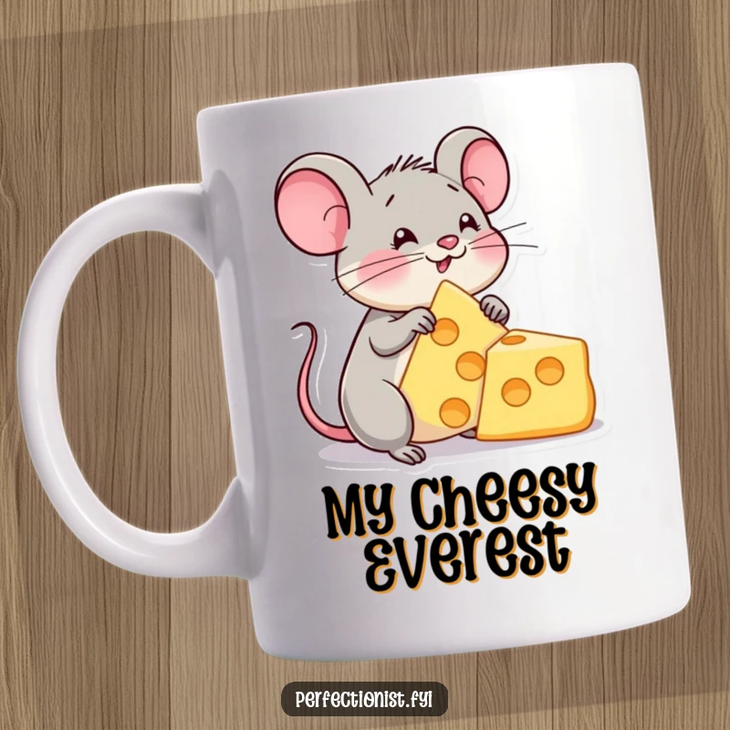 Funny mouse mug with a content character marveling at a perfectly formed cheese triangle, expressing pure delight and cheesy obsession.