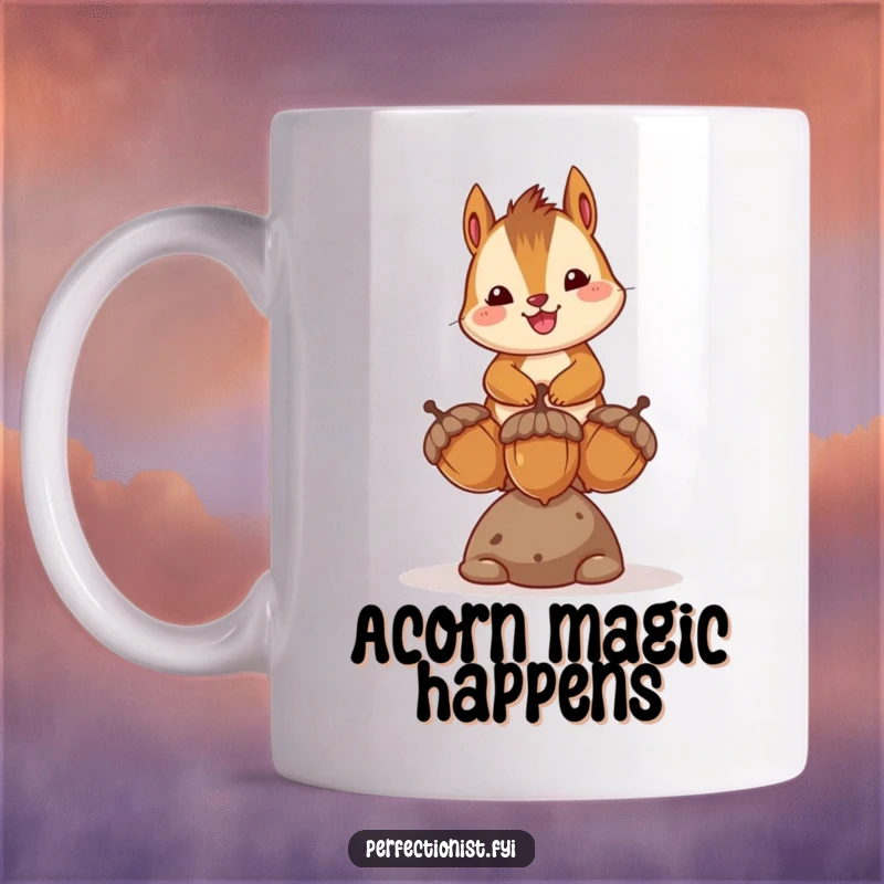 Funny mug with a happy chipmunk character perfectly balancing three acorns, showcasing its cheerful, skillful, and joyful personality.