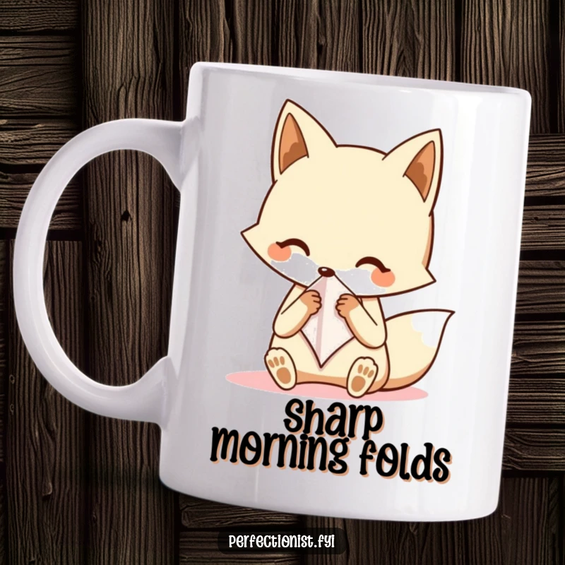Funny fox mug showing a neat fox character carefully folding a tiny handkerchief with extreme precision, symbolizing elegance and meticulousness.