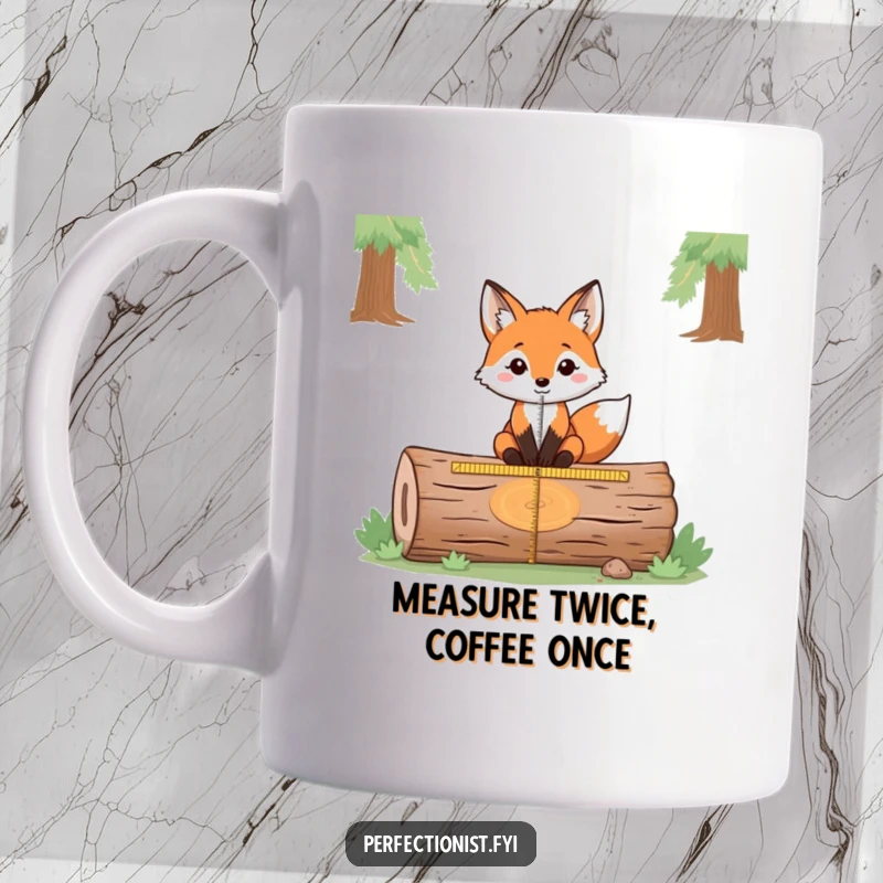 Funny mug featuring a precise fox meticulously measuring the exact center of a fallen log, highlighting its keen intellect and comical accuracy.