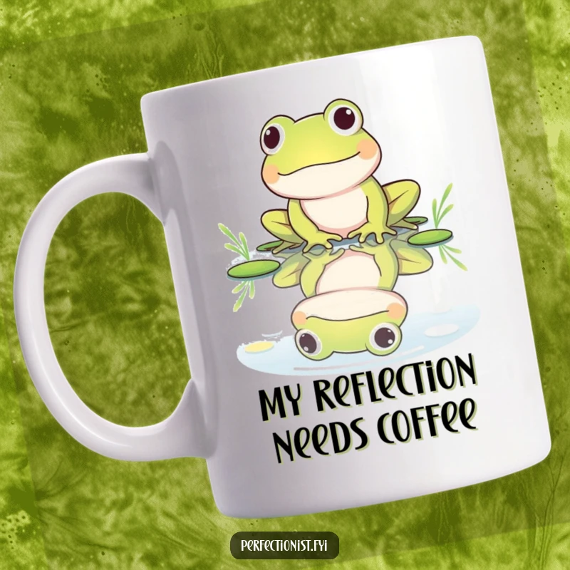 Funny mug with a frog character meticulously polishing its reflection in a still pond, highlighting its vain yet charming personality.