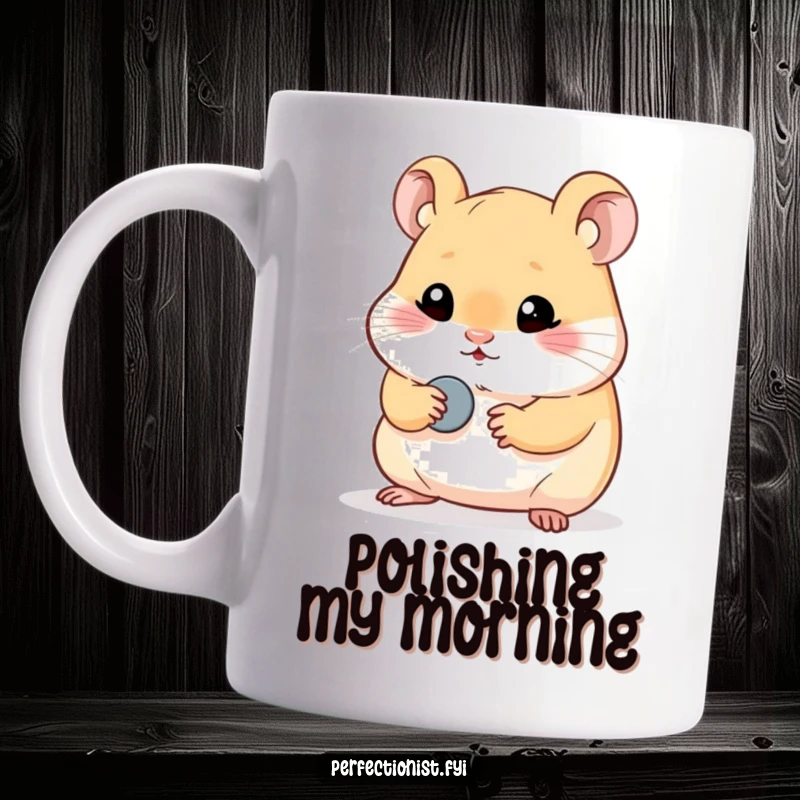 Funny hamster mug with a perfectionist hamster character meticulously polishing a single, tiny button, symbolizing dedication to detail.
