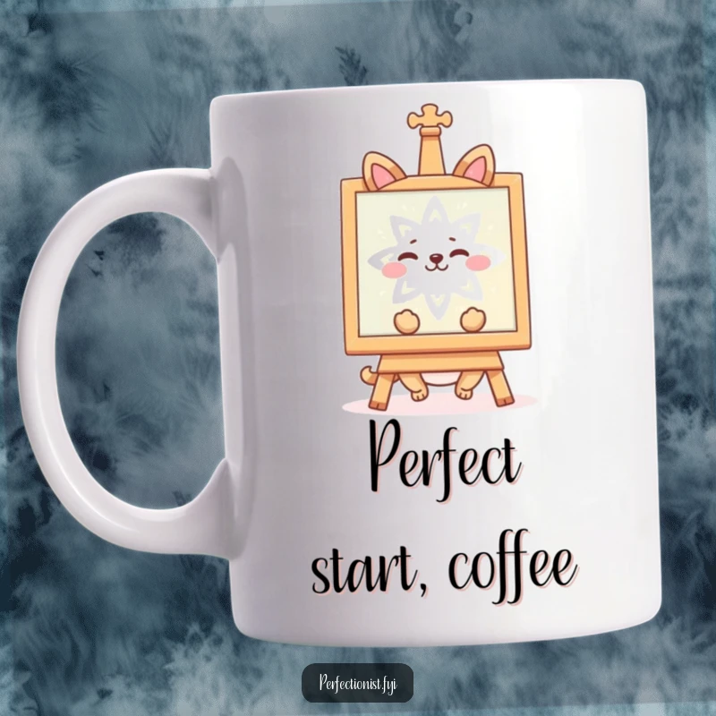 Funny mug featuring a delighted animal character appreciating a flawlessly symmetrical object, radiating contentment. An ideal funny gift.