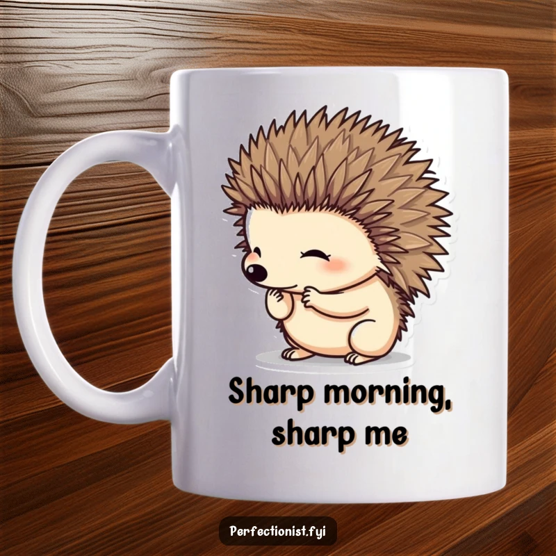 Funny hedgehog character humorously grooming its spines on a mug, showcasing its neatness and precision for a delightful funny gift.