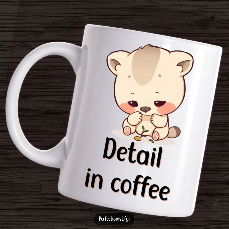 Funny Inspecting Animal Mug: An intense animal character closely examining a minuscule detail with utmost concentration.