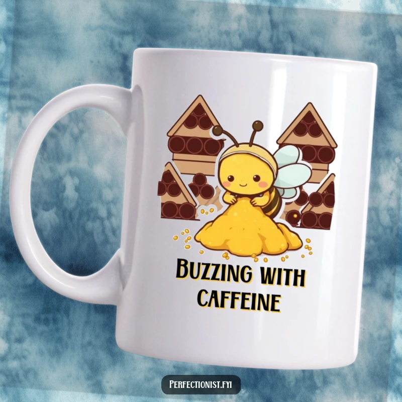 Funny Kawaii bee mug featuring a diligent bee meticulously sorting pollen into perfect little piles.