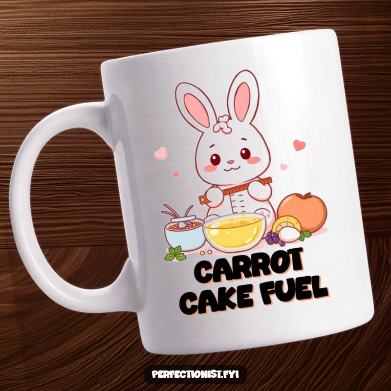 Funny Kawaii rabbit mug showing a cute rabbit character meticulously measuring ingredients with extreme accuracy.
