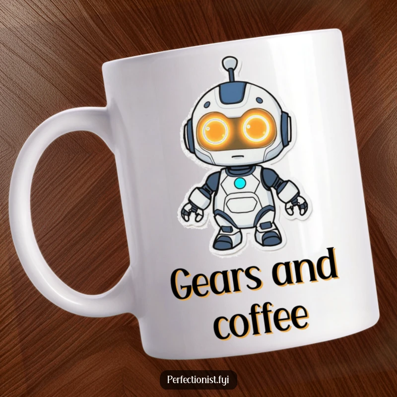 Funny Kawaii robot mug showing a cute robot character with glowing eyes meticulously wiping a surface clean.