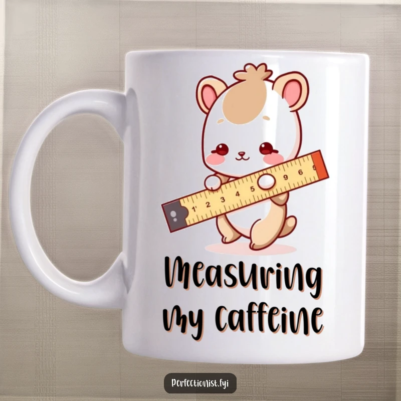 Funny Mug: A small animal character precisely measures a straight line with a ruler, showcasing its attention to detail and humor.