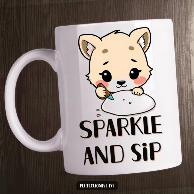 Funny mug showing a cute animal character with intense focus meticulously cleaning a minuscule speck of dust.