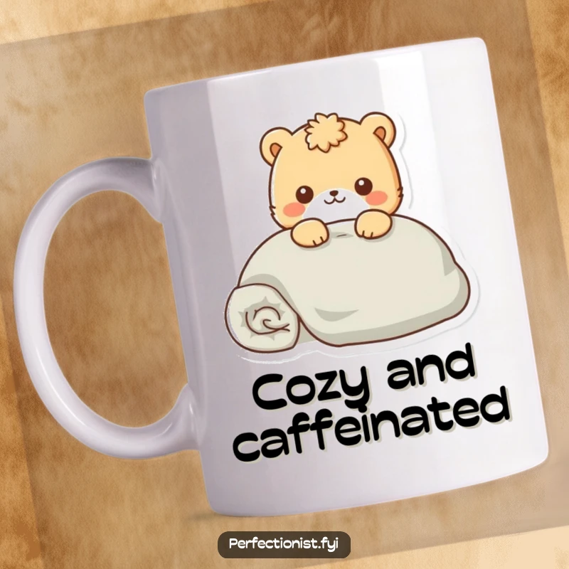 Funny Mug featuring a meticulous animal character smoothing out a perfectly folded blanket with care.