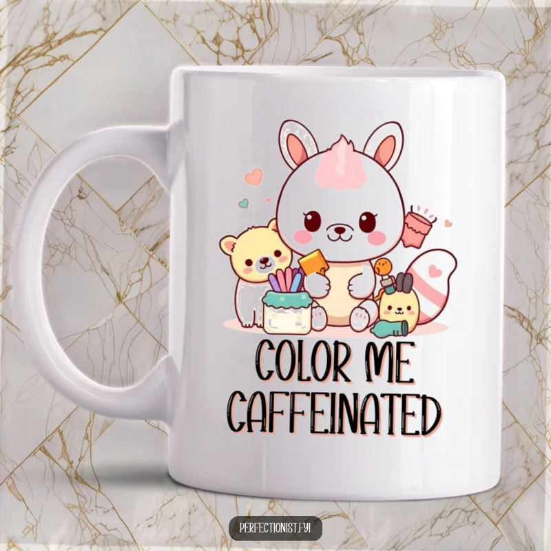 Funny Organizing Animal Mug: A precise animal character meticulously arranging objects neatly sorted by their distinct colors.