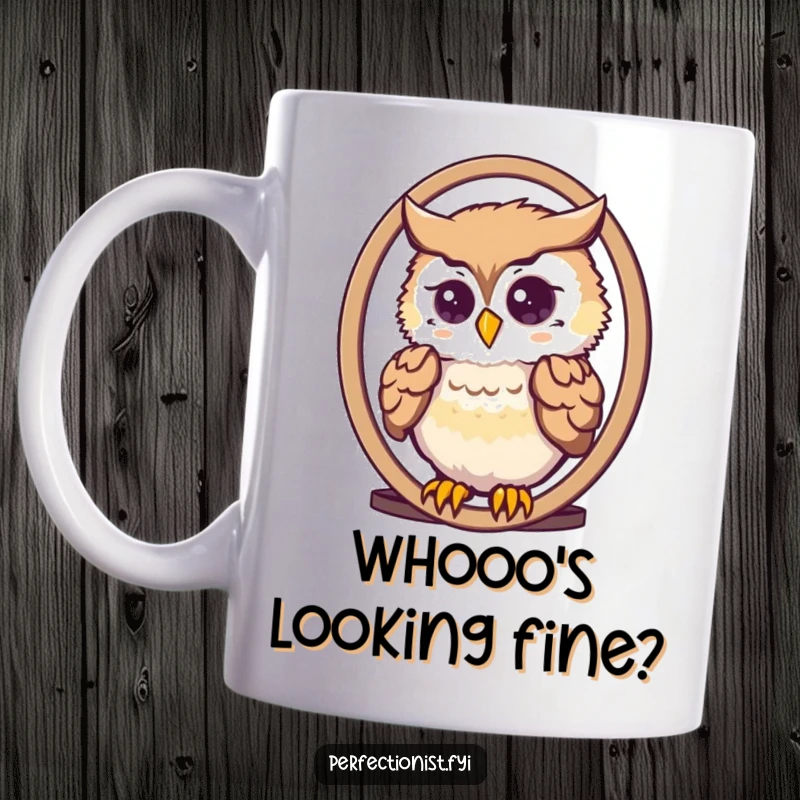 Funny cute owl meticulously arranging its feathers in a mirror on a mug, perfect for fashion lovers and bird enthusiasts.